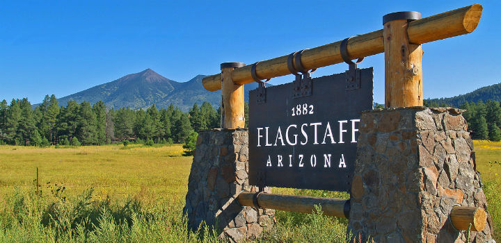 Flagstaff, Arizona - Welcome Sign with Mountains